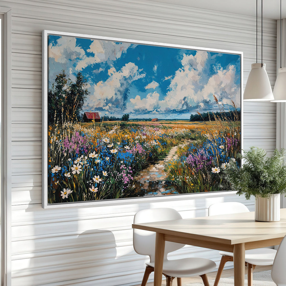 Framed Wall Art: Impressionist landscape Canvas Print with vibrant wildflowers, blue sky, and a warm color palette, perfect for home decor.