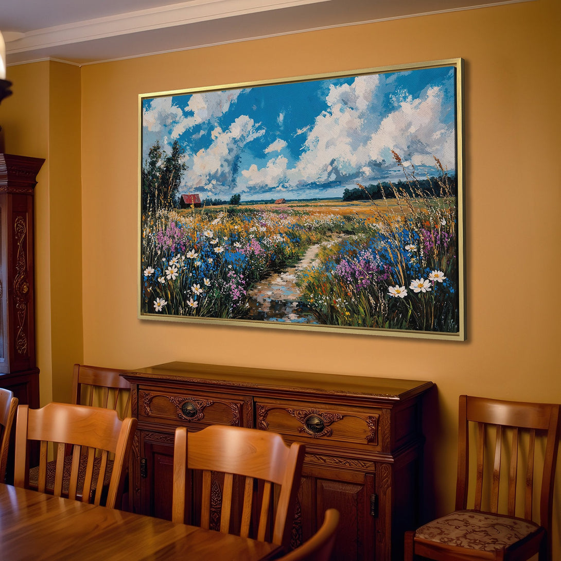 Canvas Print of a vibrant landscape painting with blue skies, wildflowers, and a warm, inviting color palette. Perfect for home decor.