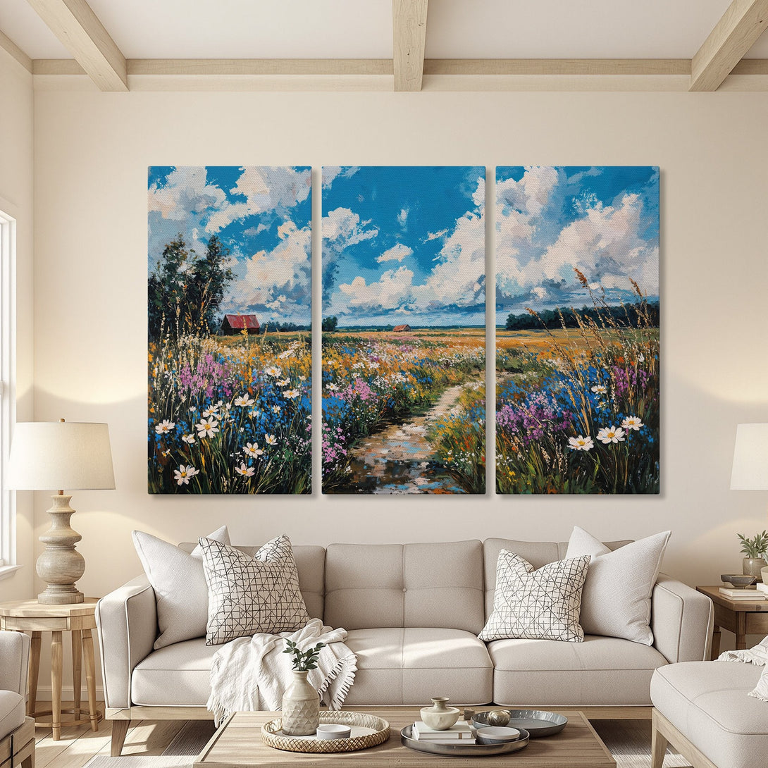 Canvas Print of a vibrant field landscape painting. Impressionistic style with blue, yellow, and purple hues. Perfect for adding a touch of nature to your home.