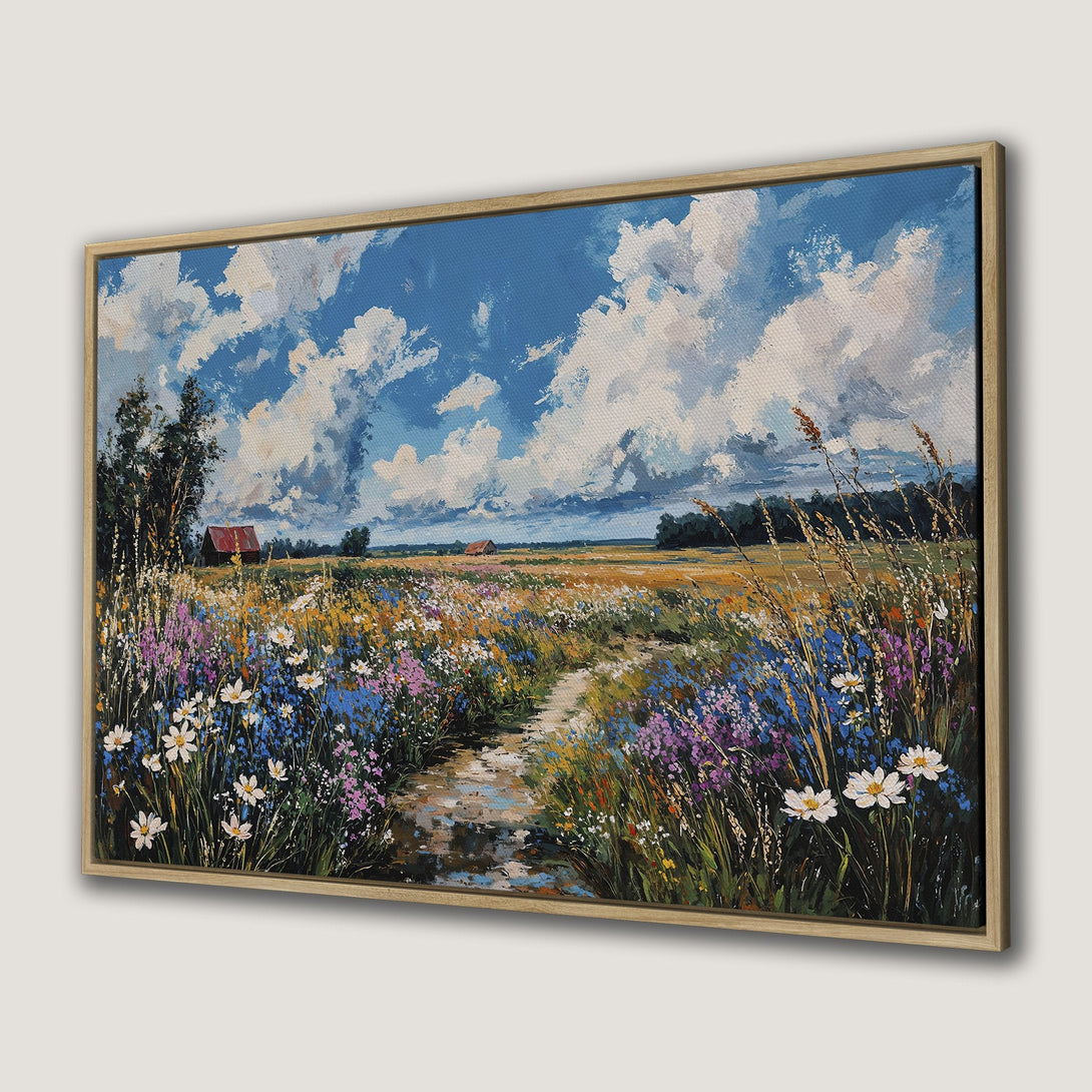 Framed Wall Art of a vibrant meadow landscape with blue sky, impressionistic style, colorful palette. Perfect wall decor for your home!