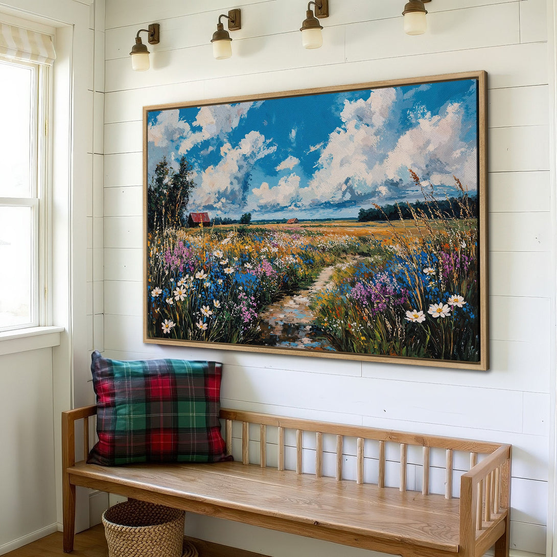 Framed Wall Art: Impressionist landscape Canvas Print with blue sky, wildflowers & rustic charm. Perfect for adding color & style to your home decor.