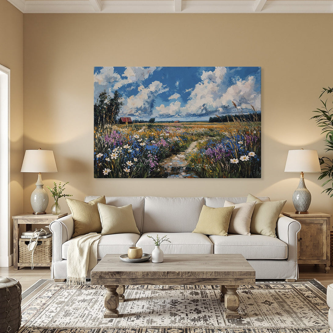 Framed Wall Art: Impressionist landscape Canvas Print with vibrant wildflowers, blue sky, and warm color palette. Perfect for adding a touch of nature.