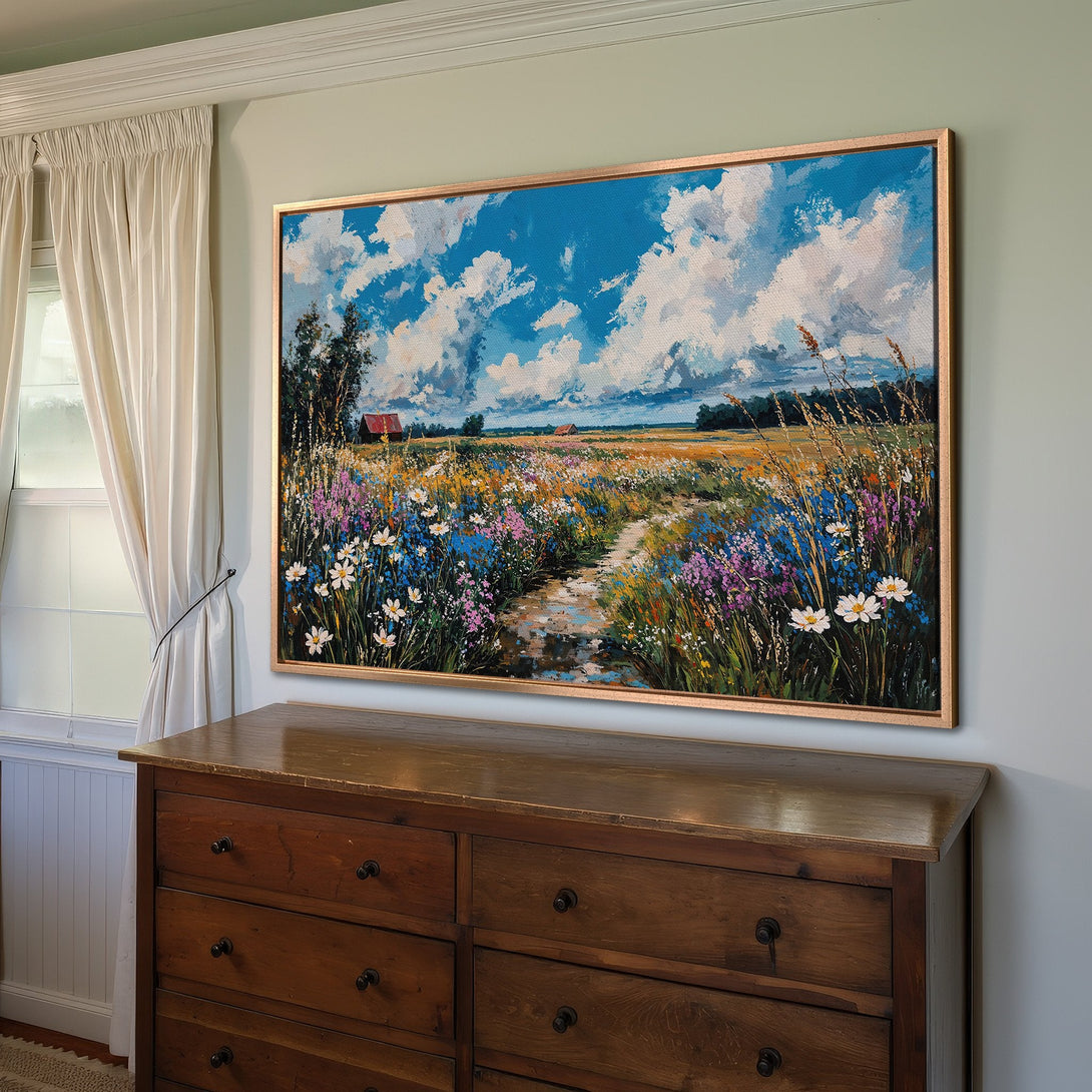 Framed Wall Art: Impressionistic landscape Canvas Print with vibrant wildflowers, blue sky, and warm color palette. Perfect for home decor!