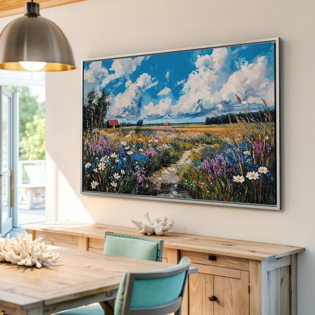 Framed Wall Art: Impressionist landscape Canvas Print with vibrant wildflowers, blue sky, and warm color palette. Perfect for adding a touch of nature to your home.