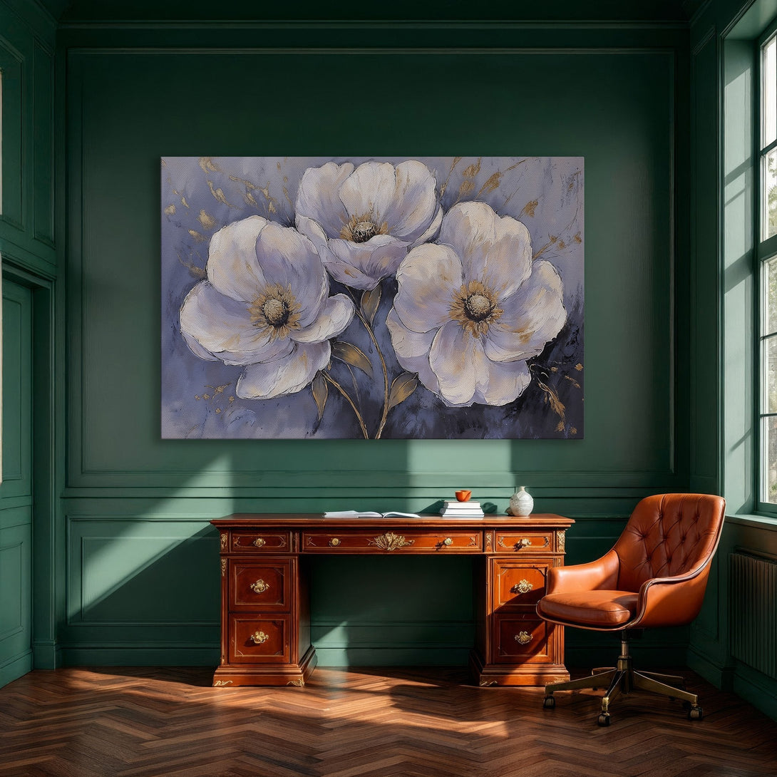 Framed Wall Art featuring elegant floral painting in a soft blue and gold color palette. Perfect for adding a touch of sophistication to any space.