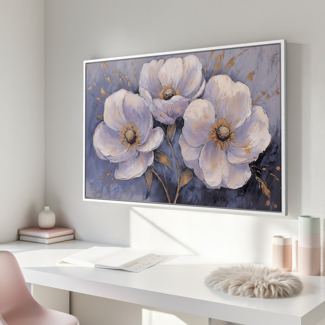 Framed Wall Art: Floral painting in soft purple and gold tones. Elegant, modern style perfect for home decor.