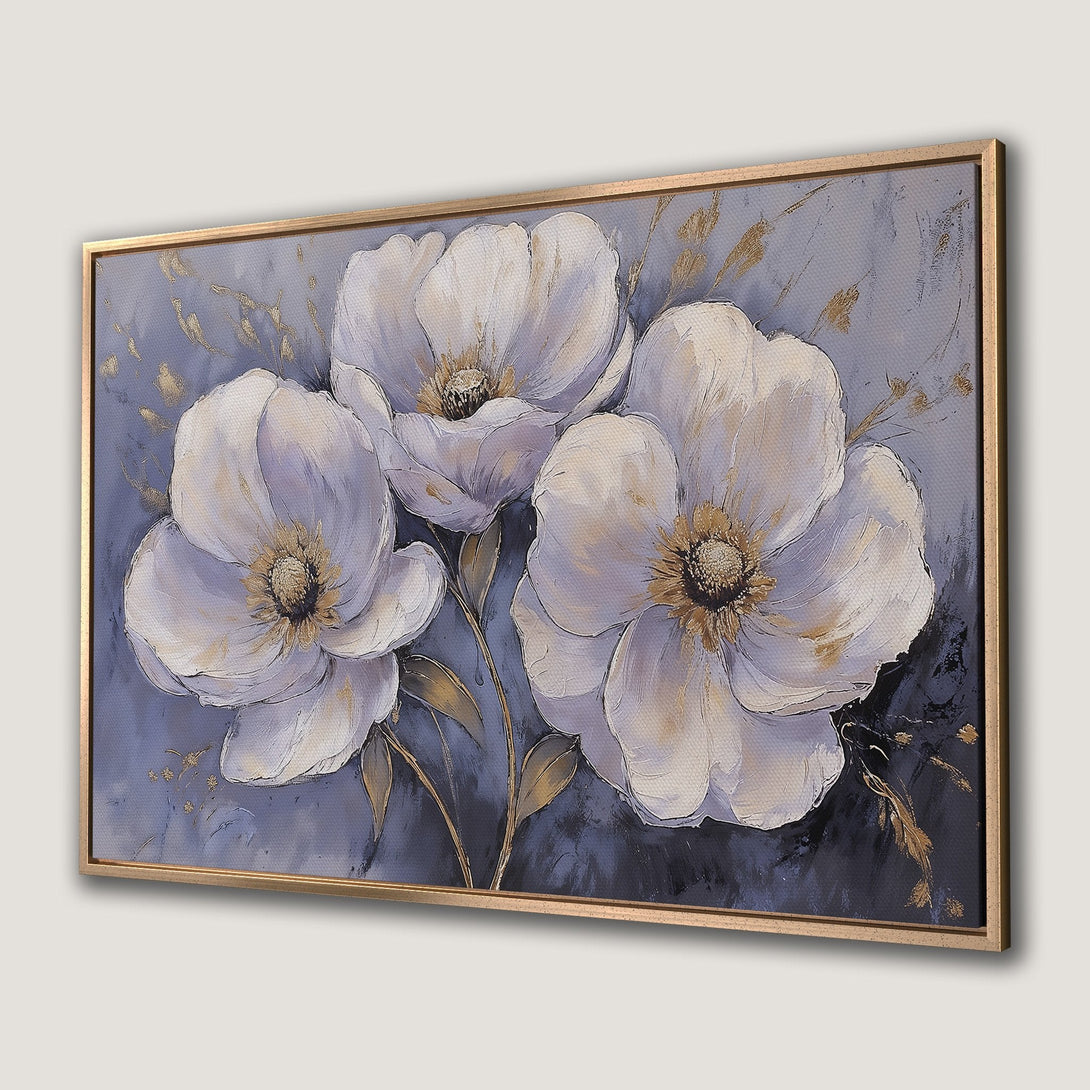 Framed Wall Art: Elegant floral canvas print featuring white flowers on a blue-grey background, gold accents, and a gold frame. Perfect for home decor.