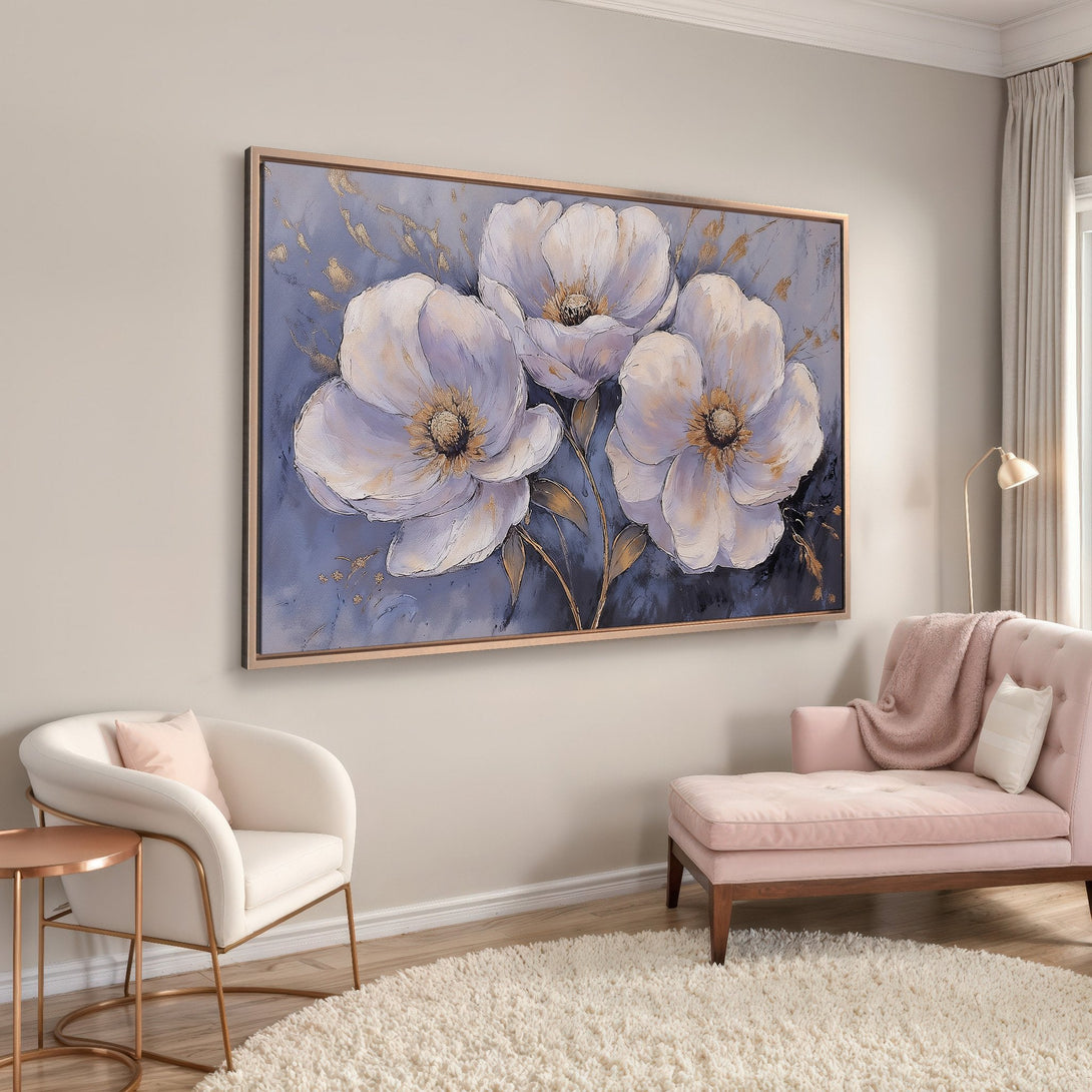 Framed Wall Art: Elegant floral canvas print in a modern style, featuring white and gold blooms on a blue background, perfect for home decor.