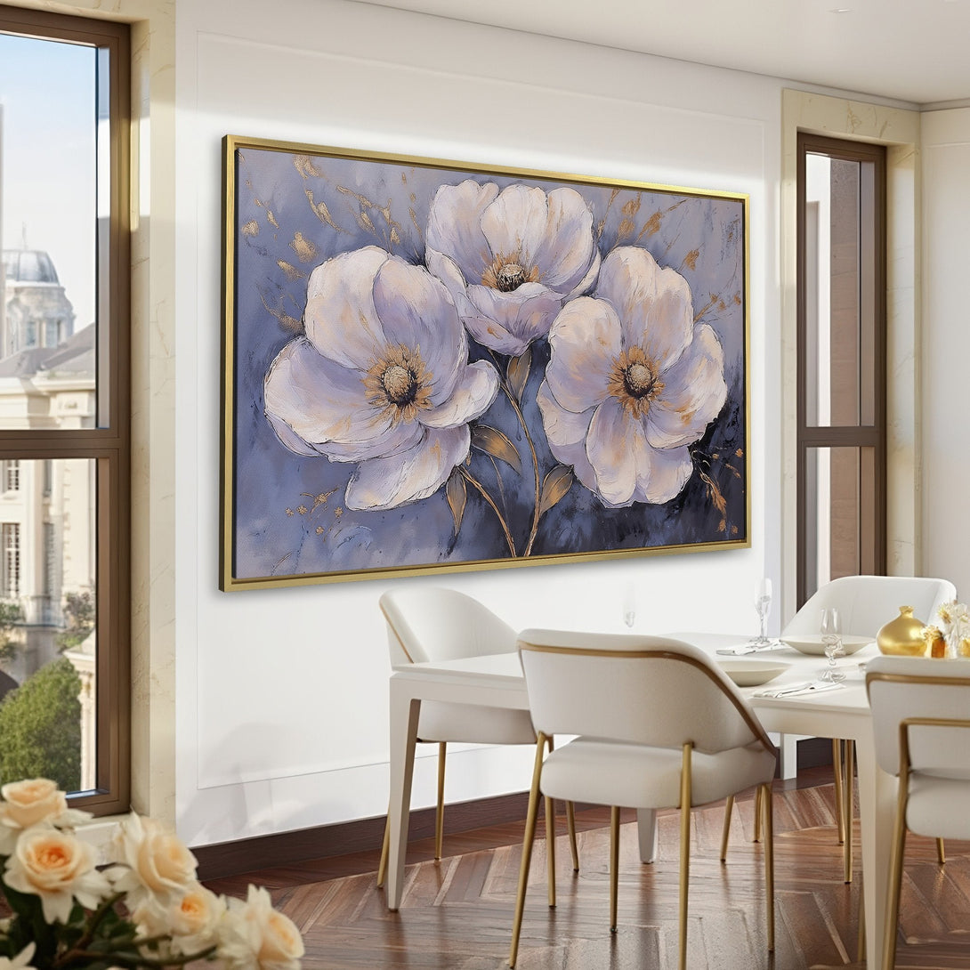 Canvas Print of elegant white floral art with gold accents, showcased in a luxurious green interior. Perfect for adding a touch of sophistication.