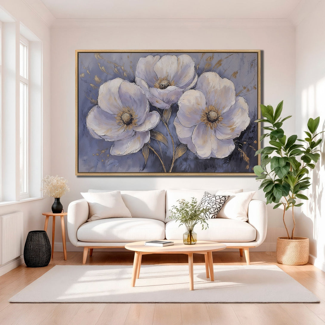 Framed Wall Art featuring large white floral painting with gold accents. Modern, elegant style, blue & neutral color palette. Perfect for living room decor.