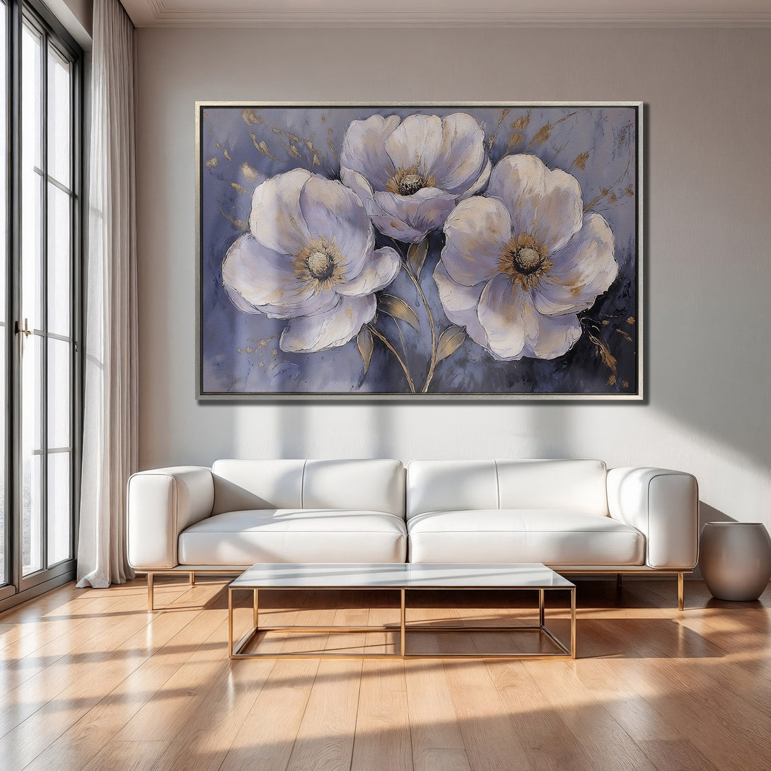 Framed Wall Art featuring elegant floral painting with white and gold accents in a modern interior. Elevate your space with this stunning Canvas Print.