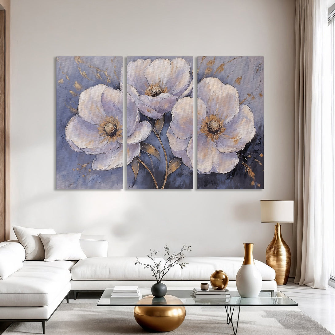 Canvas Print of elegant floral art with white blooms, gold accents, and a soft blue background. Perfect for modern home decor.