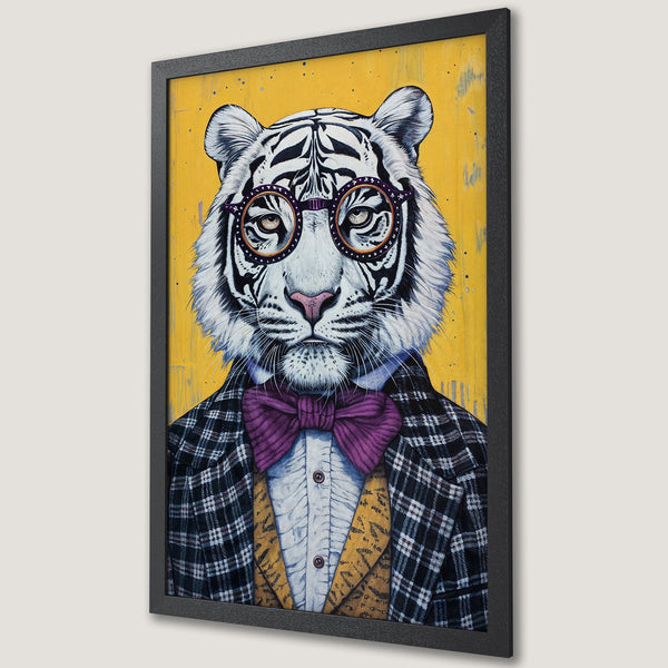 Framed Poster featuring a dapper tiger in glasses and bow tie, vibrant yellow background, stylish art print.