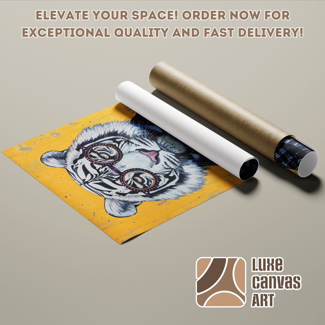 Poster Roll featuring a tiger with glasses, vibrant yellow background, and blue/white/brown tones.