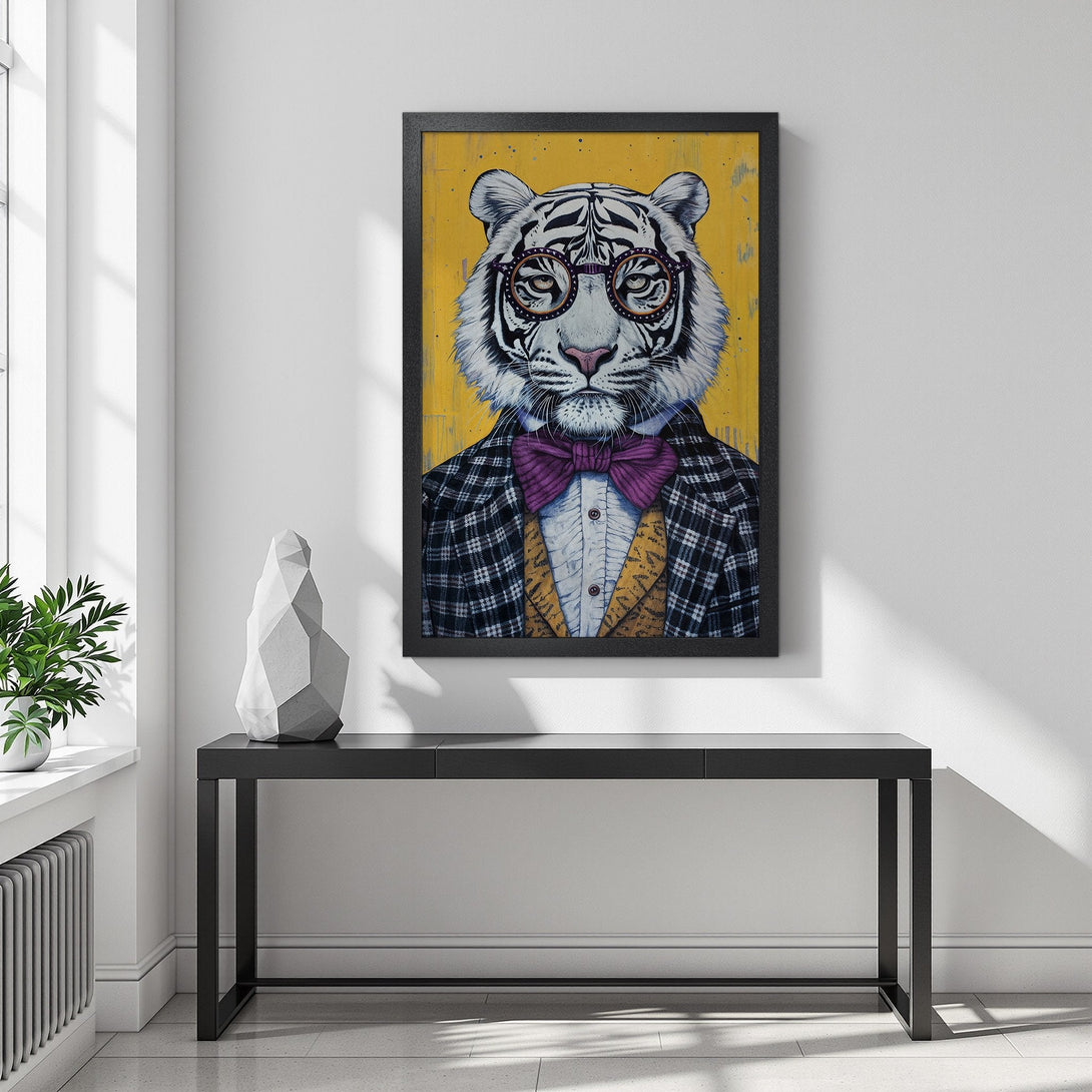Framed Poster featuring a dapper tiger in glasses, vibrant yellow background, and a stylish, modern interior. Add a touch of art to your space!