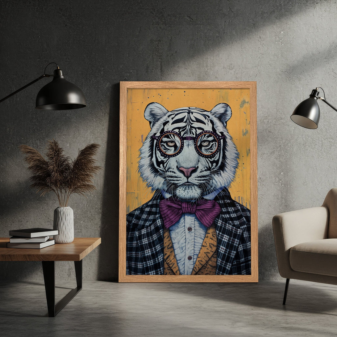 Framed Poster of a dapper tiger in a suit. Modern art style with a yellow, black, and purple color palette. Add a touch of whimsy to your space!