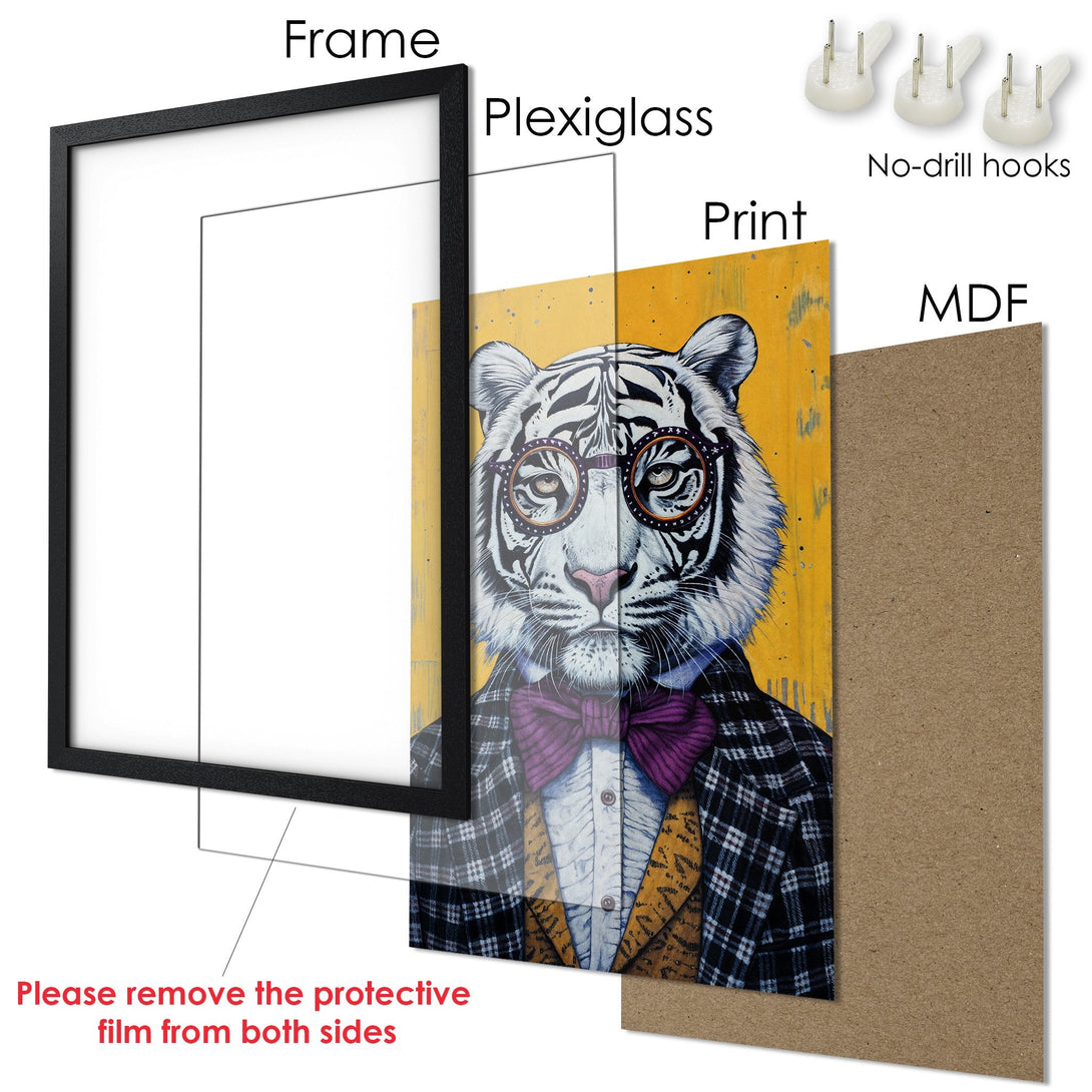 Framed Poster featuring a stylish tiger in a suit, with a yellow and purple color palette. Perfect wall art!