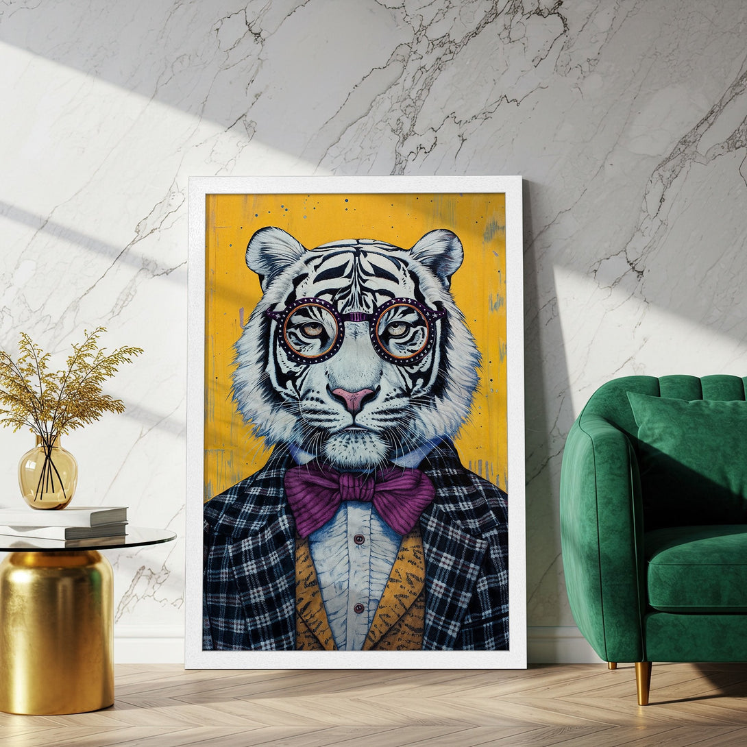 Framed Poster featuring a dapper tiger in glasses, stylish art on a yellow background. Modern design with a bold color palette.