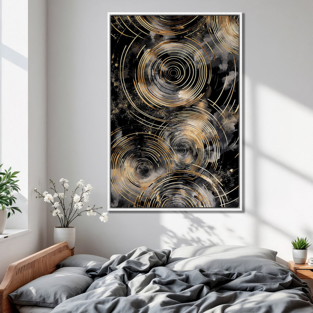 Framed Wall Art featuring abstract gold and black circles. Modern, minimalist design perfect for bedroom decor. Enhance your space with this stylish canvas print.