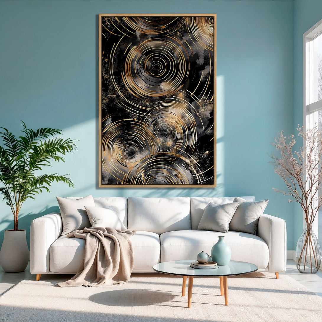 Framed Wall Art: Abstract gold and black art print. Modern home decor with a calming, neutral color palette. Perfect for living rooms and bedrooms.