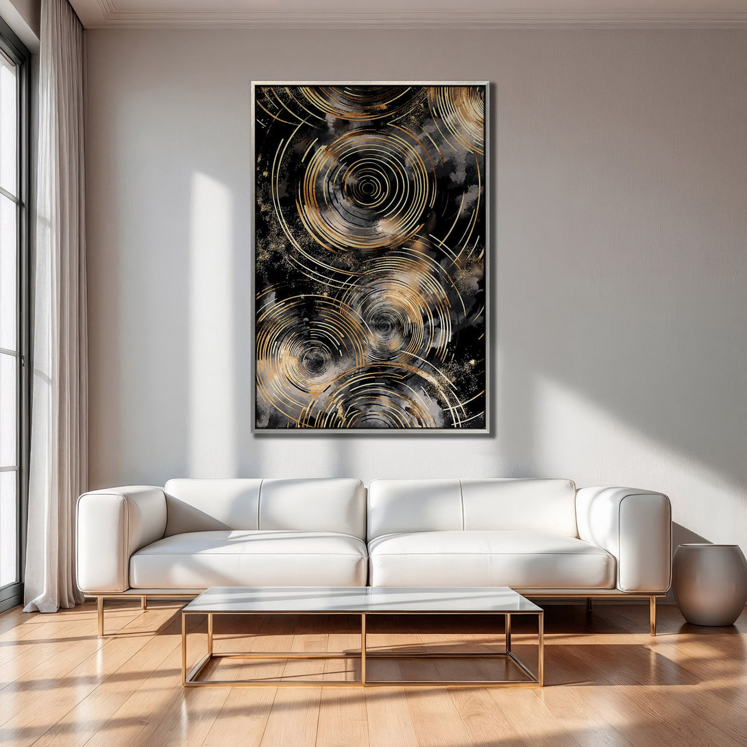 Framed Wall Art featuring abstract gold circles on black. Modern art canvas print adds a touch of luxury to any interior with its elegant color palette.