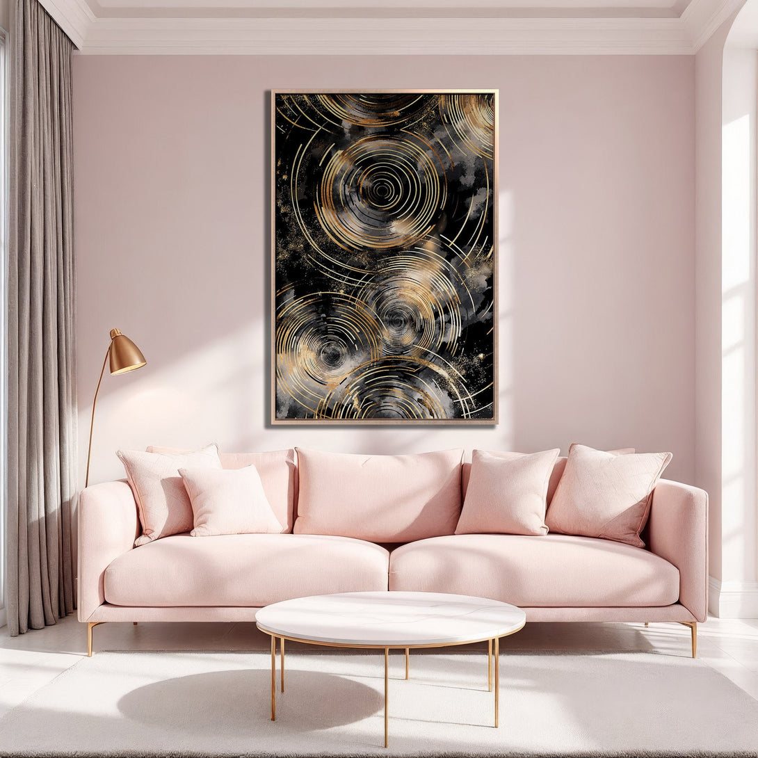 Framed Wall Art featuring an abstract gold and black design. Modern style, perfect for adding a touch of elegance to any living room.