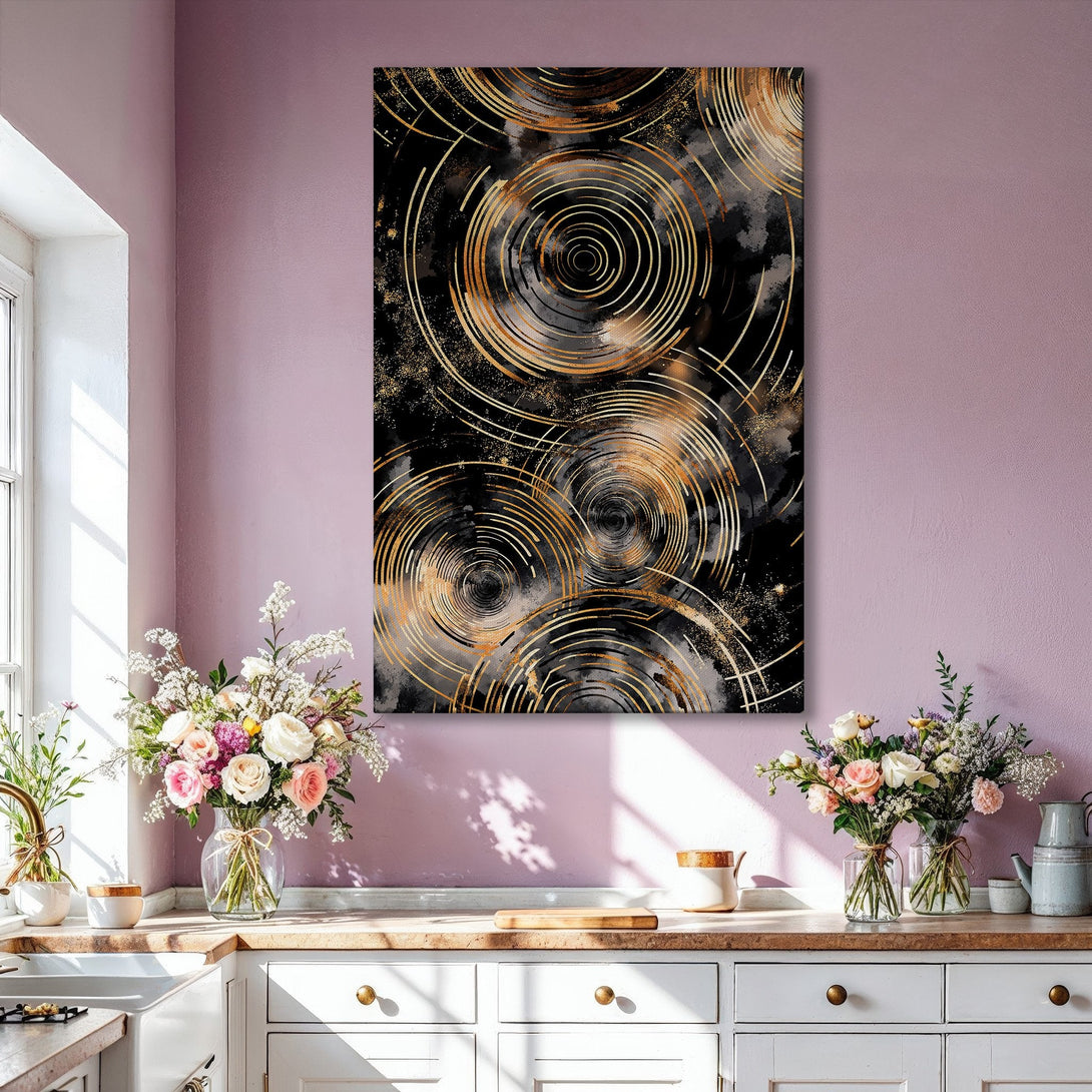 Framed Wall Art: Abstract gold and black spiral design. Modern art canvas print adds luxury to any interior. Shop now for stunning wall decor!