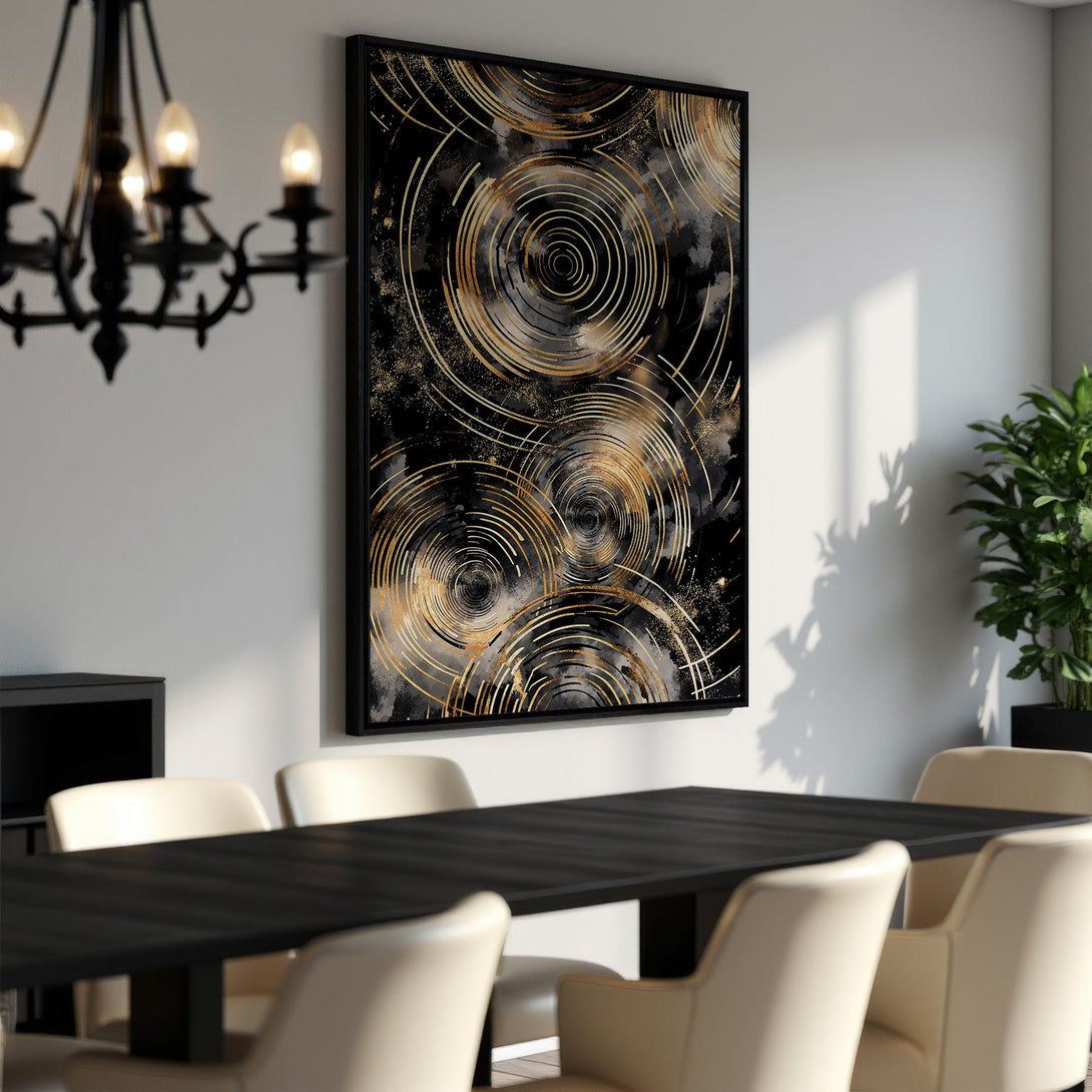 Framed Wall Art featuring an abstract gold and black design. Modern art print adds a touch of elegance to any dining room. Shop now!