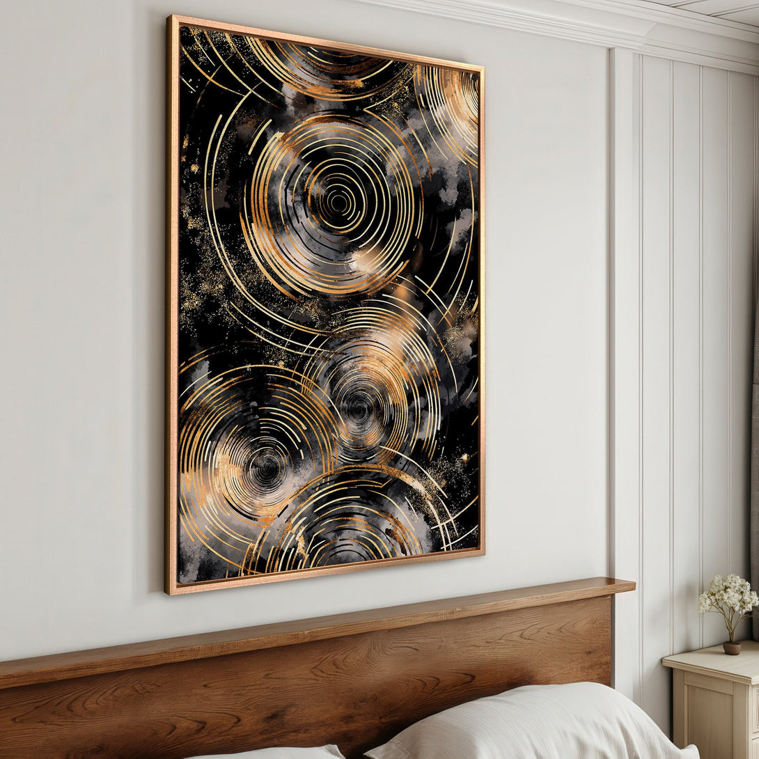 Framed Wall Art: Abstract gold and black art print adds modern elegance to any space. Featuring a unique design with a striking color palette. Shop now!