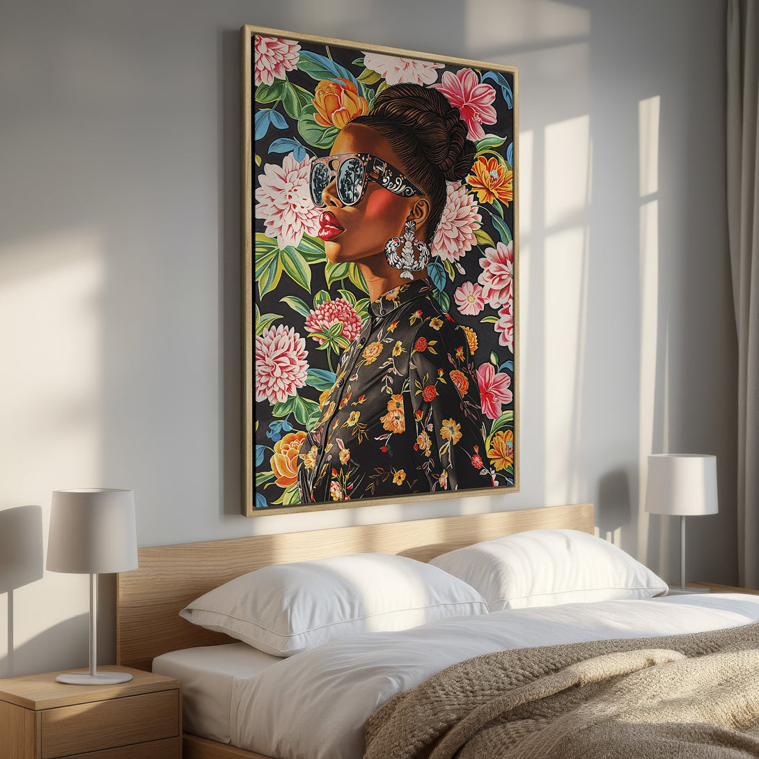 Framed Wall Art featuring a stylish woman with floral background. Vibrant colors and bold design perfect for bedroom decor. Shop our Canvas Print collection today!