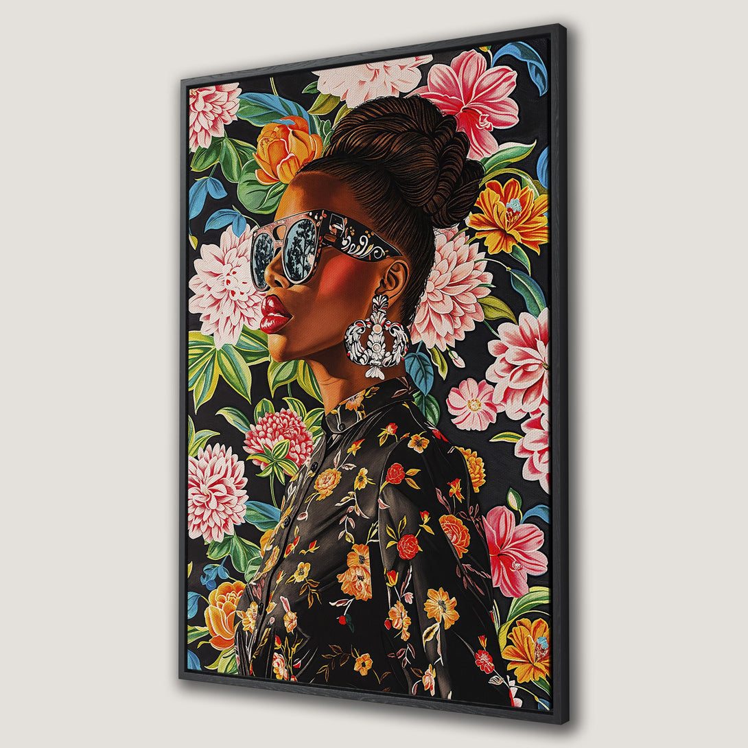 Framed Wall Art: Stylish woman with sunglasses against a floral backdrop. Bold colors of red, yellow, and green pop against a black background. Perfect decor!