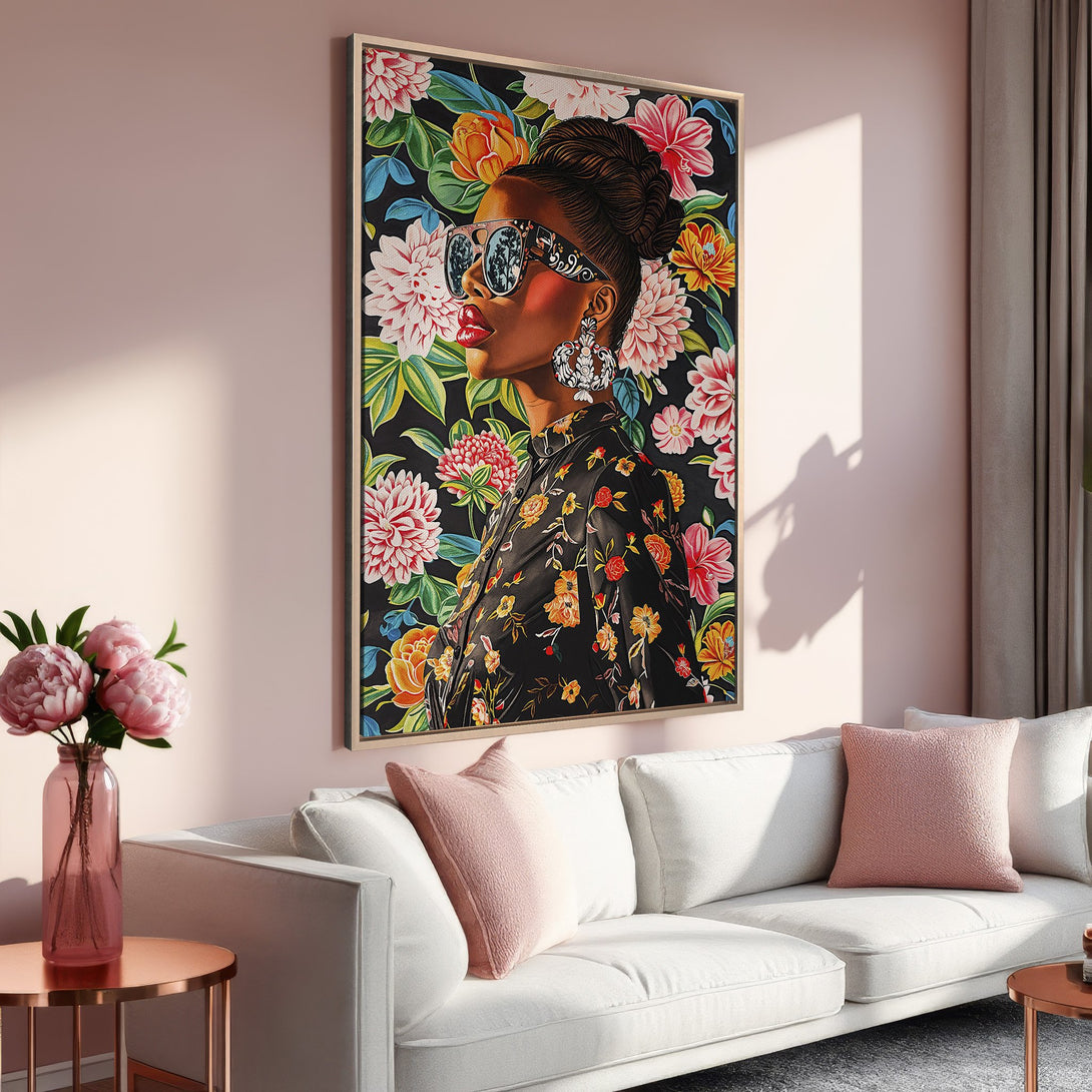 Framed Wall Art: Stylish woman portrait with floral background. Modern art in a black, pink, and gold color palette. Perfect for living room decor.