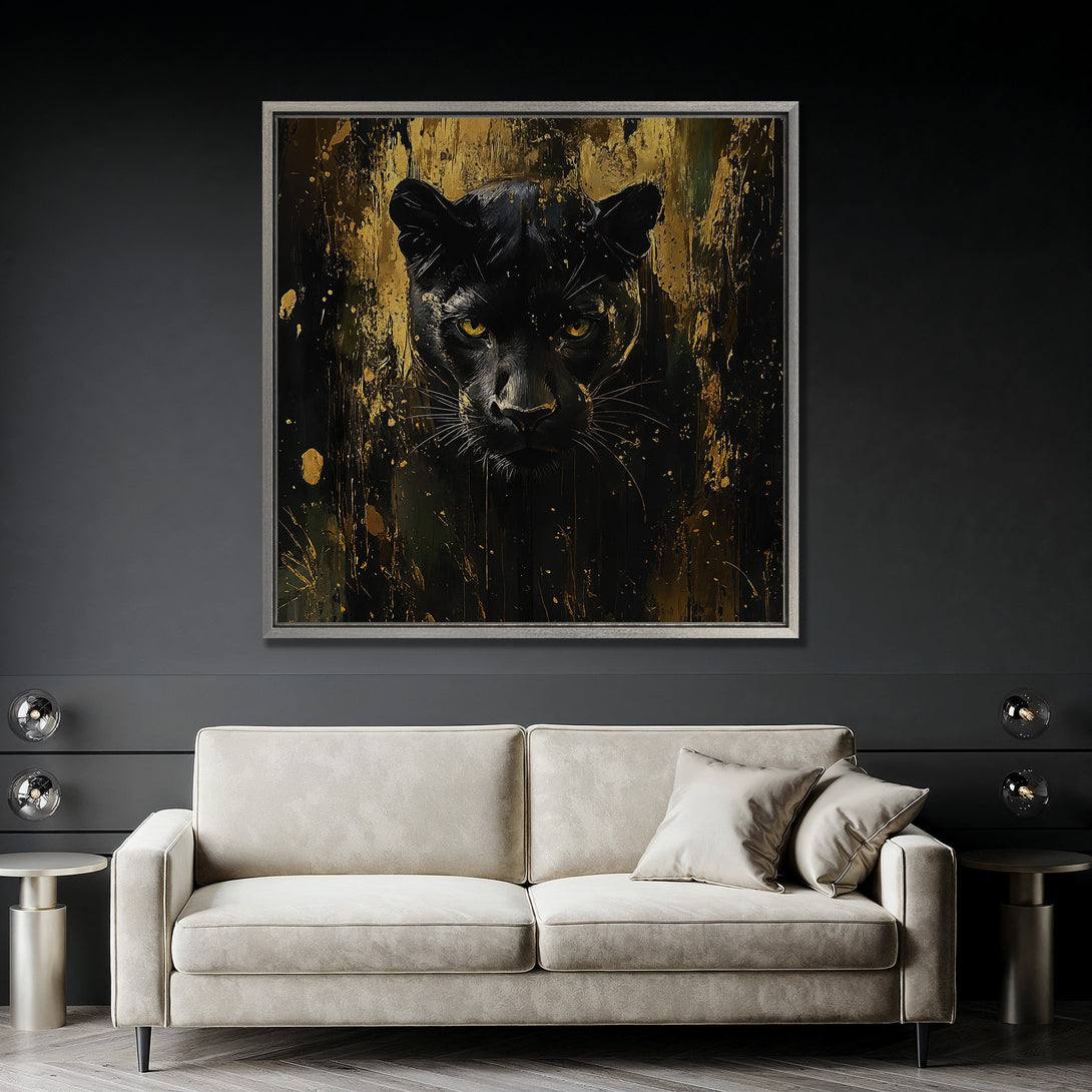 Framed Wall Art: Majestic black panther portrait with gold accents. Modern abstract style. Dramatic black and gold color palette. Elevate your home decor!