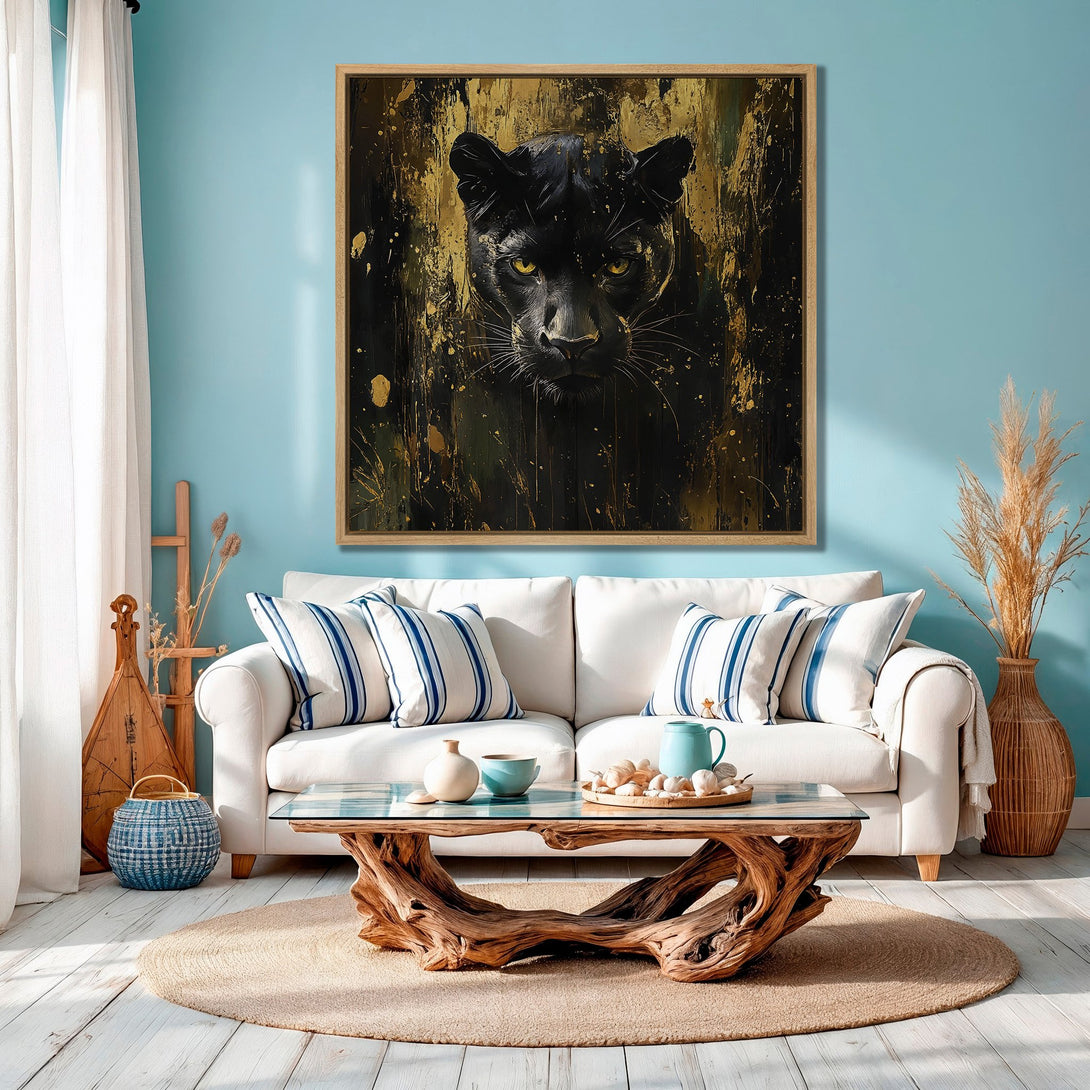 Framed Wall Art: Black panther portrait with gold accents. Modern abstract style in a striking black and gold palette. Perfect for stylish home decor.