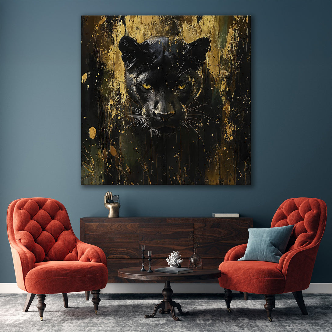 Framed Wall Art: Abstract black panther painting with gold accents. Modern art style, dramatic black and gold color palette. Perfect for living room decor.