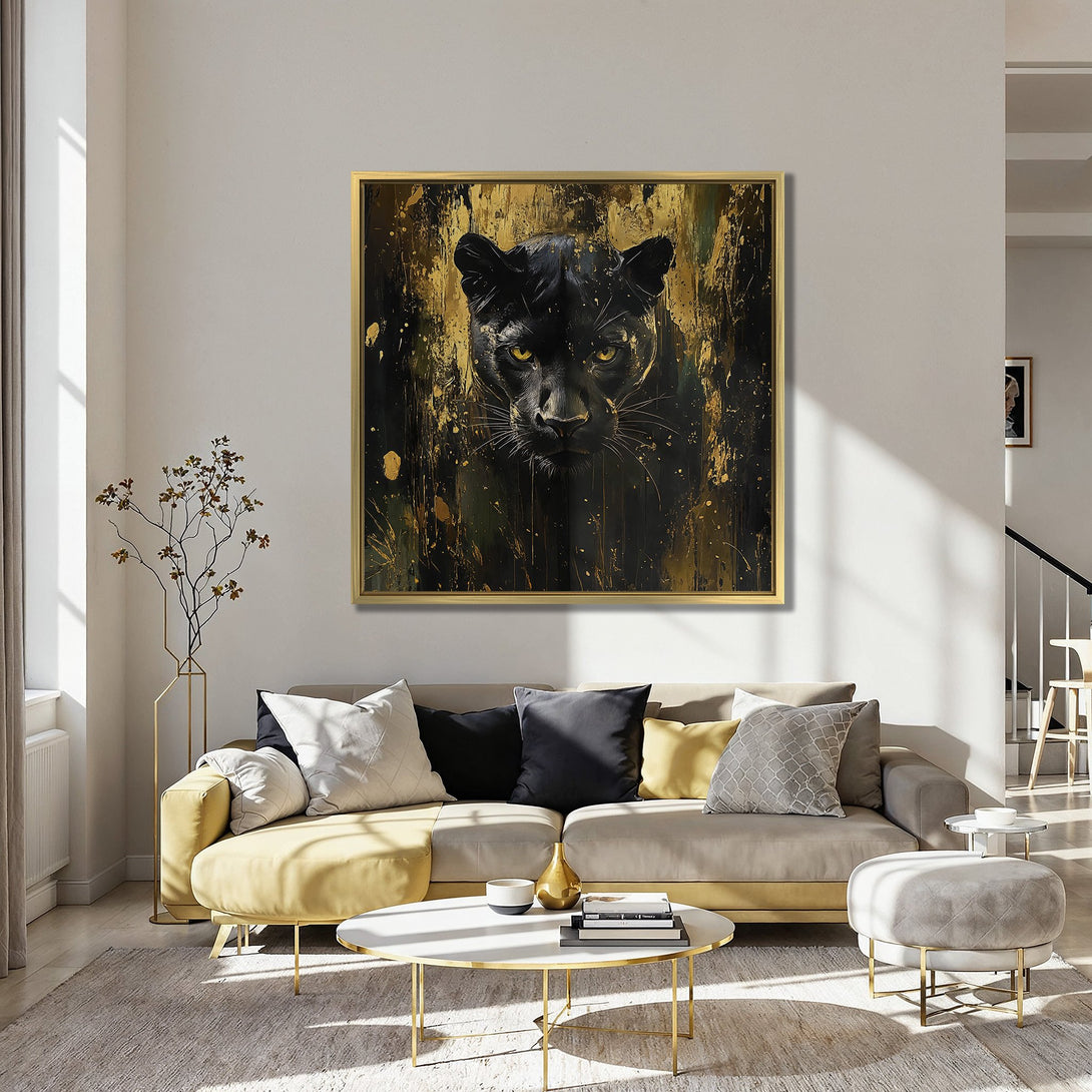 Canvas Print: Abstract black panther art with gold accents. Modern wall decor in a dramatic black, gold, and teal color palette. Elevate your space!