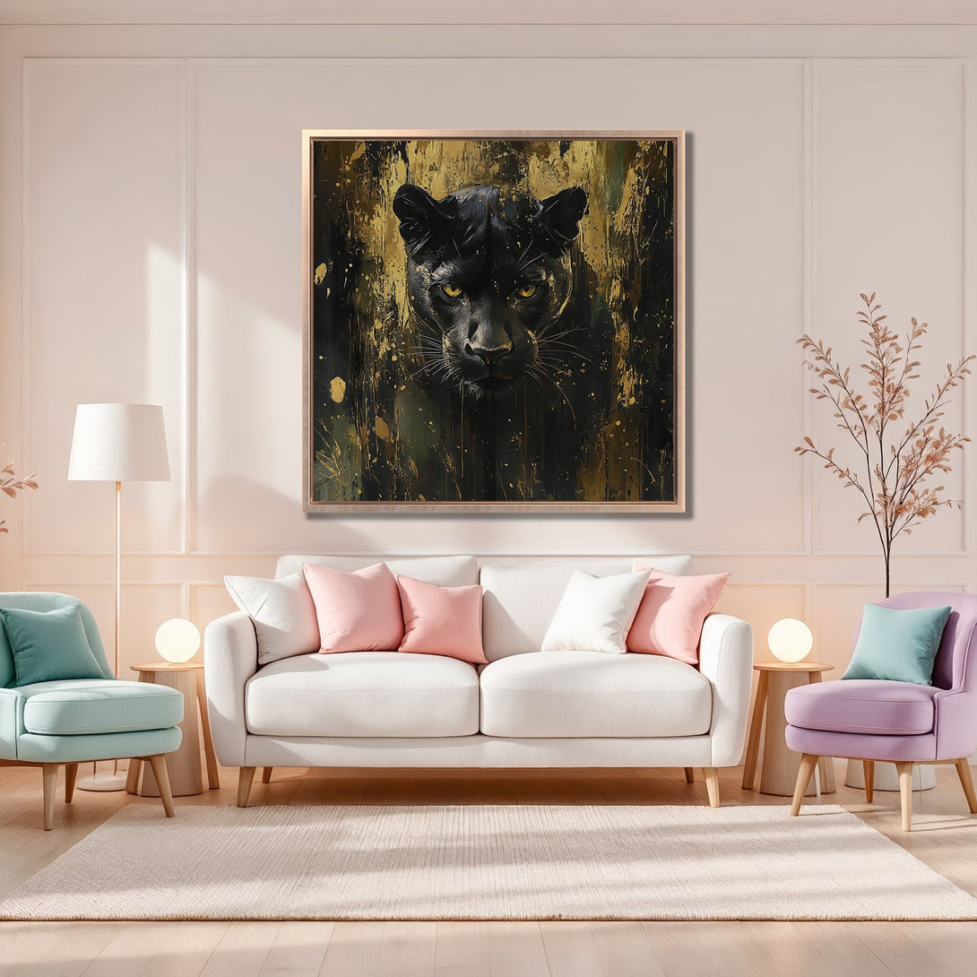 Framed Wall Art featuring a majestic black panther. Modern abstract style with gold and black tones. Perfect for adding a touch of luxury to any space.