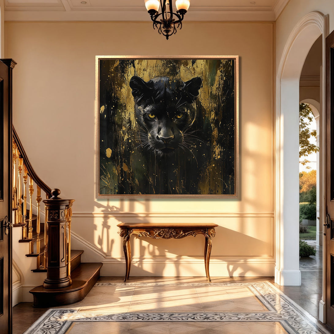 Framed Wall Art: Majestic black panther portrait with gold accents. Modern abstract style, luxurious black and gold color palette. Elevate your home decor!