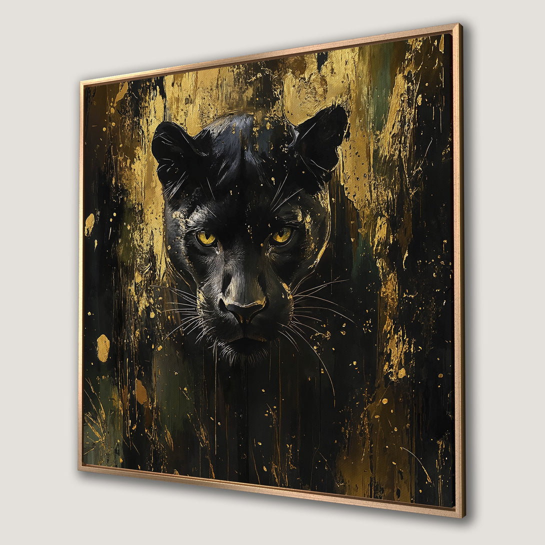 Framed Wall Art of a black panther with gold accents. Modern abstract style, dark and gold color palette. Perfect for a stylish home.