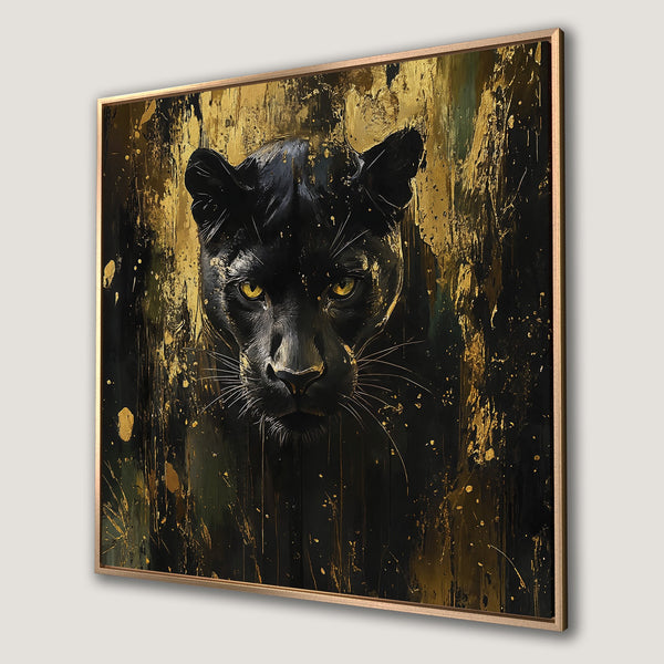 Framed Wall Art of a black panther with gold accents. Modern abstract style, dark and gold color palette. Perfect for a stylish home.