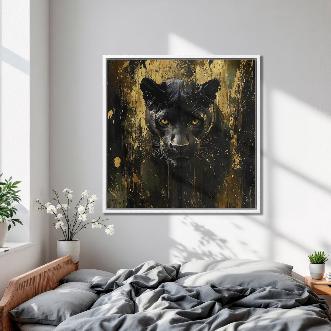 Framed Wall Art of a black panther with gold accents. Modern abstract style, dramatic black, gold, and yellow color palette. Perfect for bedroom decor.