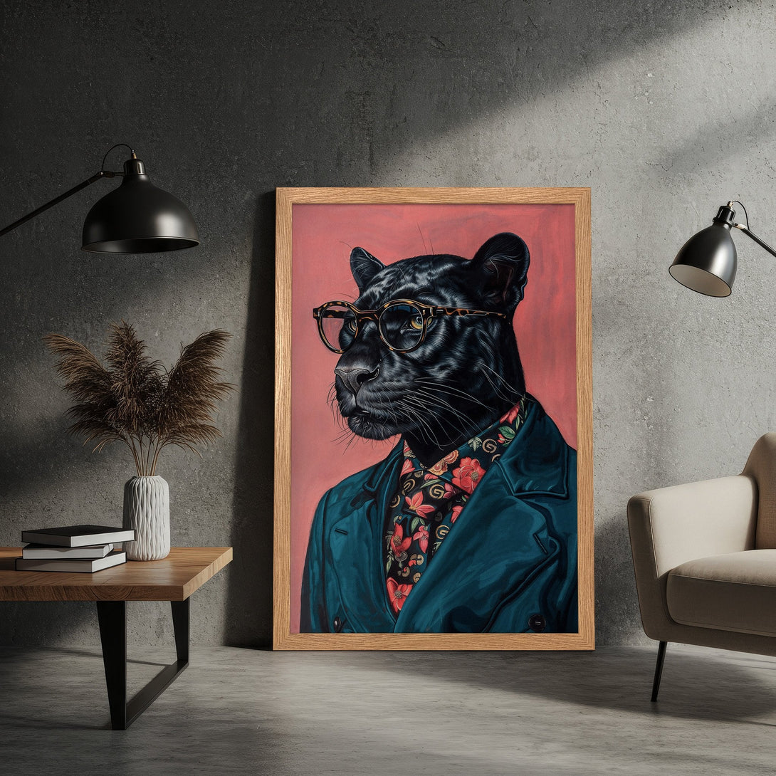 Framed Poster featuring a stylish panther in glasses, vibrant teal and red color palette. Modern art poster for home decor.