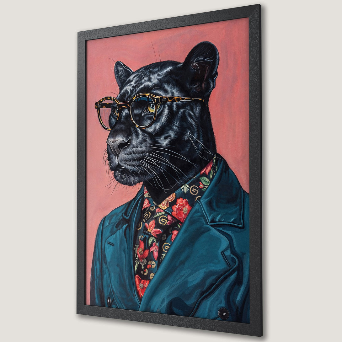 Framed Poster featuring a stylish panther wearing glasses and a coat, with a red and teal color palette. Modern art print.