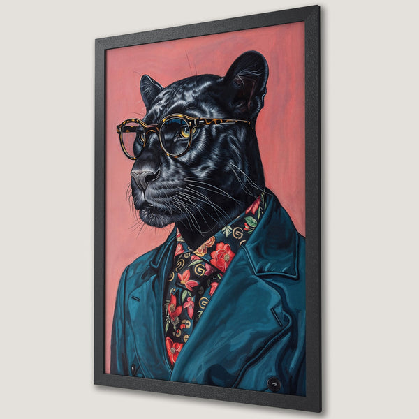 Framed Poster featuring a stylish panther wearing glasses and a coat, with a red and teal color palette. Modern art print.