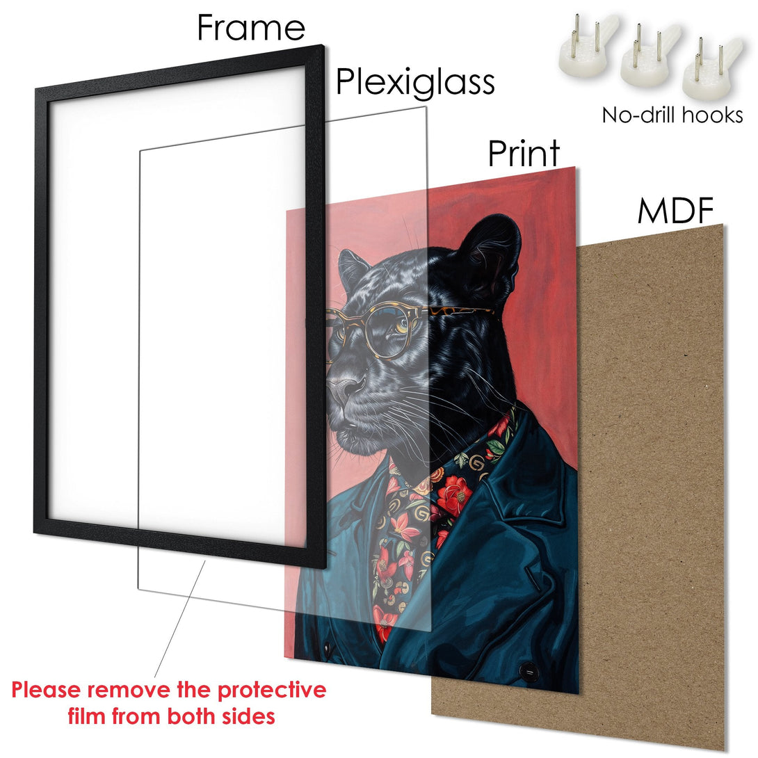 Framed Poster featuring a stylish panther in a black frame. Modern art with a red, black, and teal color palette. Ready to hang!