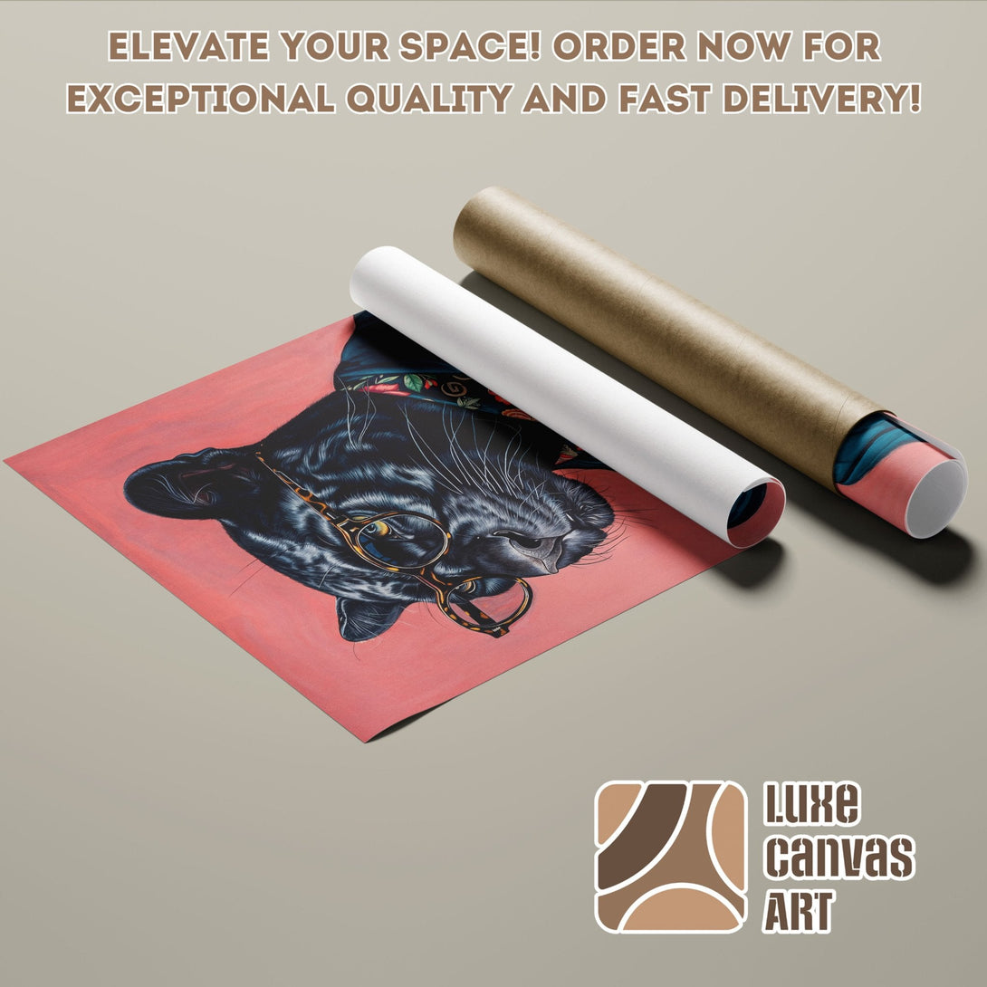 Poster Roll featuring a black panther with glasses, pop art style, pink & neutral color palette.