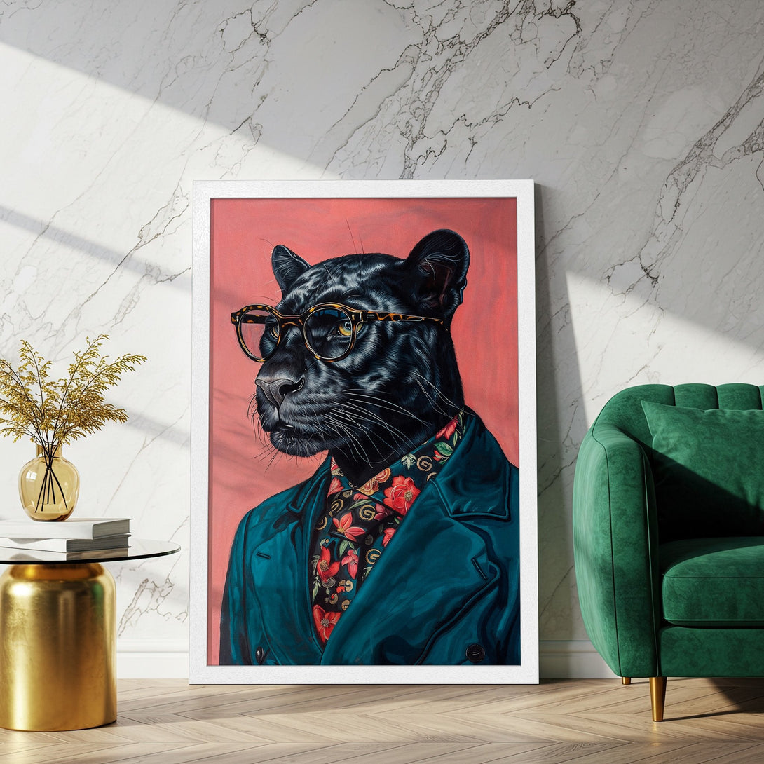 Framed Poster featuring a panther in glasses, stylish art with teal and coral tones. Add a touch of whimsy to your decor!