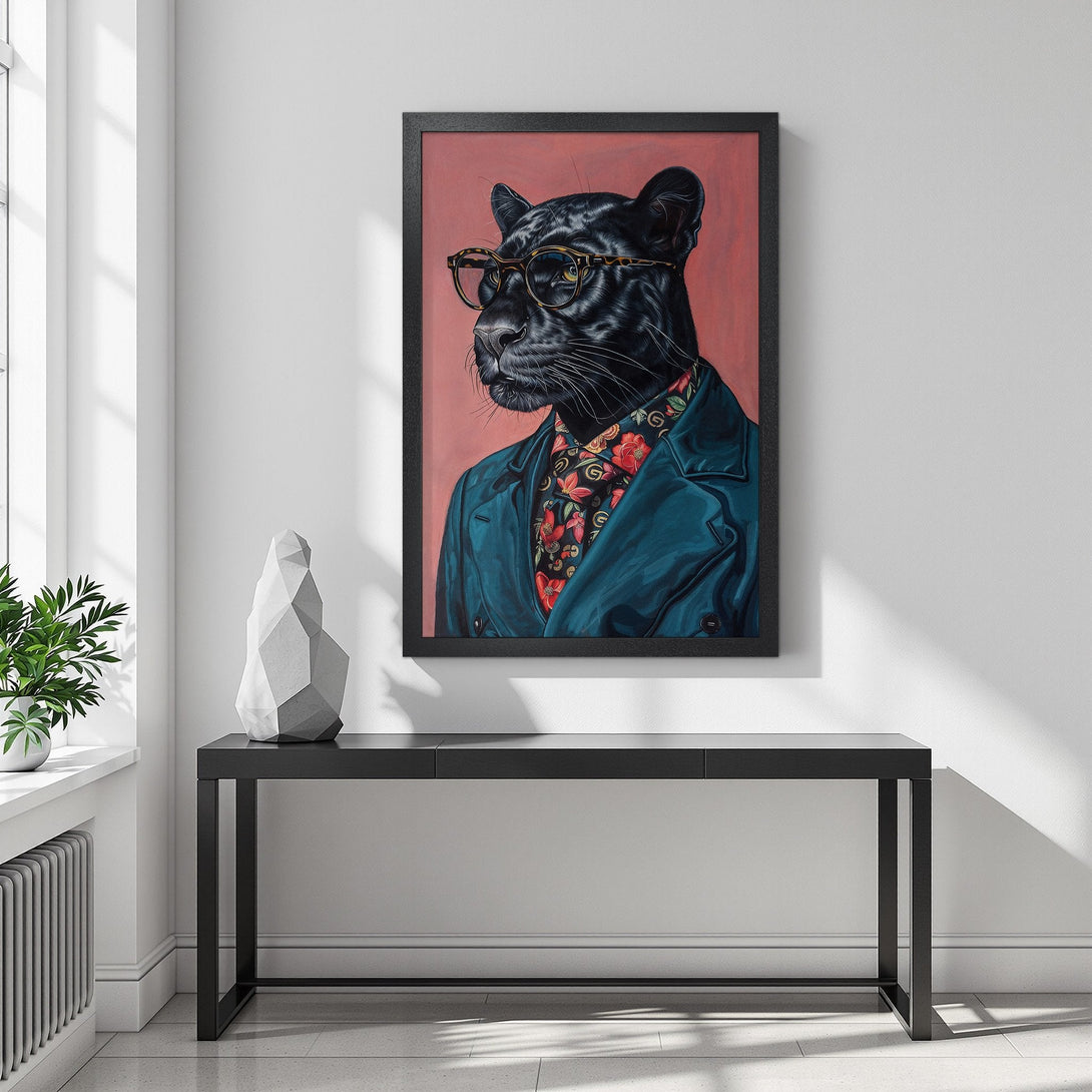 Framed Poster featuring a stylish panther in glasses, vibrant floral shirt, and teal jacket. Modern art with a bold color palette. Add a touch of luxury!