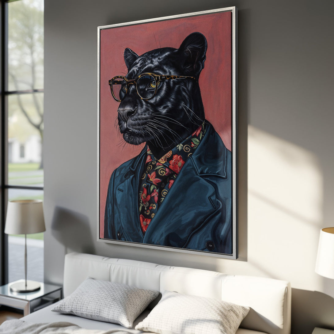Framed Wall Art: Stylish panther portrait in a modern interior. Featuring a black panther in glasses, with a red, blue, and floral color palette. Elevate your decor!