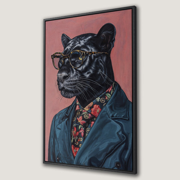 Framed Wall Art featuring a stylish panther portrait. Modern art with a pink background, black frame, and a cool blue, black, and red color palette.